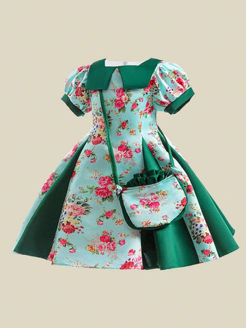 Young Girls Square Neck Short Sleeve Floral Satin Flower Girl Wedding Princess Dress, Suitable For Formal Occasions, Evening Party, Birthday, Fabric Print Pattern Random