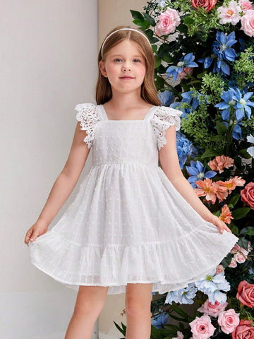 Young Girl's Square Neckline Sleeveless Dress With Lace Trim Decoration