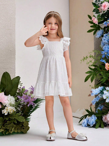 Young Girl's Square Neckline Sleeveless Dress With Lace Trim Decoration