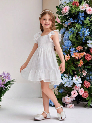 Young Girl's Square Neckline Sleeveless Dress With Lace Trim Decoration