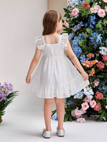 Young Girl's Square Neckline Sleeveless Dress With Lace Trim Decoration