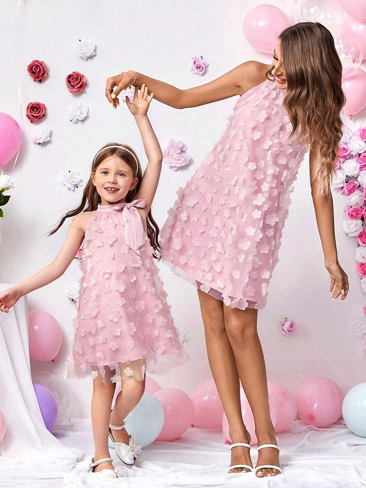 Young Girl's Stand Collar Mesh Floral Casual Loose Halter Dress
