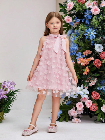 Young Girl's Stand Collar Mesh Floral Casual Loose Halter Dress