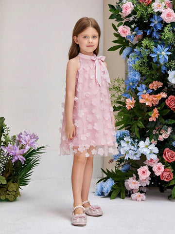 Young Girl's Stand Collar Mesh Floral Casual Loose Halter Dress
