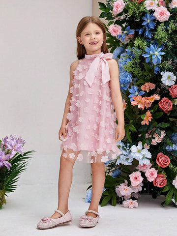 Young Girl's Stand Collar Mesh Floral Casual Loose Halter Dress