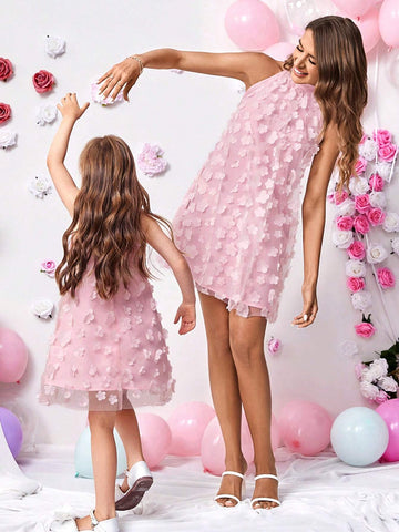 Young Girl's Stand Collar Mesh Floral Casual Loose Halter Dress