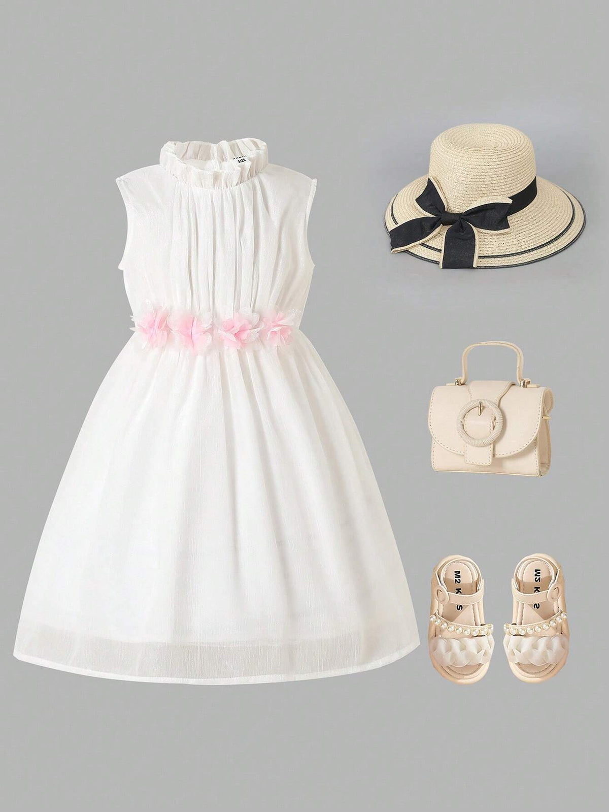Young Girls' Stand Collar Solid Color Floral Patchwork Sleeveless Dress For Summer