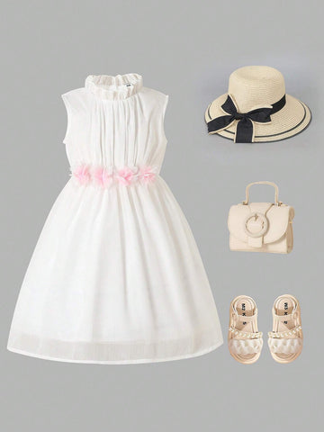 Young Girls' Stand Collar Solid Color Floral Patchwork Sleeveless Dress For Summer