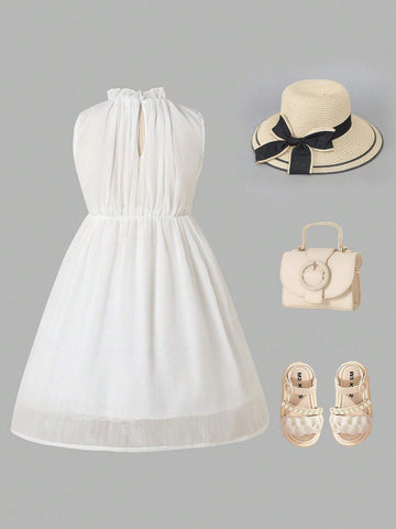 Young Girls' Stand Collar Solid Color Floral Patchwork Sleeveless Dress For Summer
