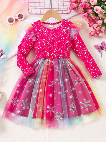 Young Girls Star Print Mesh Long Sleeve Dress