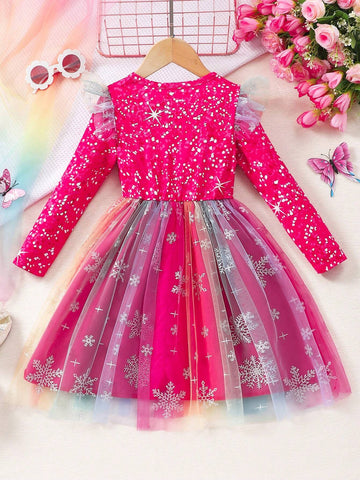 Young Girls Star Print Mesh Long Sleeve Dress