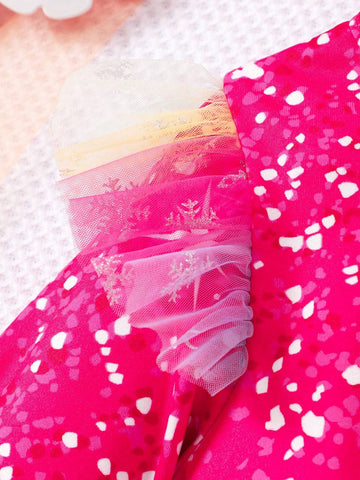 Young Girls Star Print Mesh Long Sleeve Dress