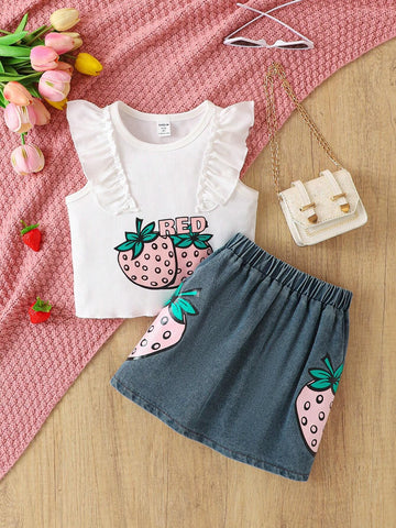Young Girls' Strawberry Print Short Sleeve Top And Denim Skirt Two-Piece Summer Outfit Set