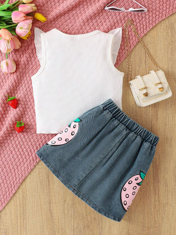 Young Girls' Strawberry Print Short Sleeve Top And Denim Skirt Two-Piece Summer Outfit Set