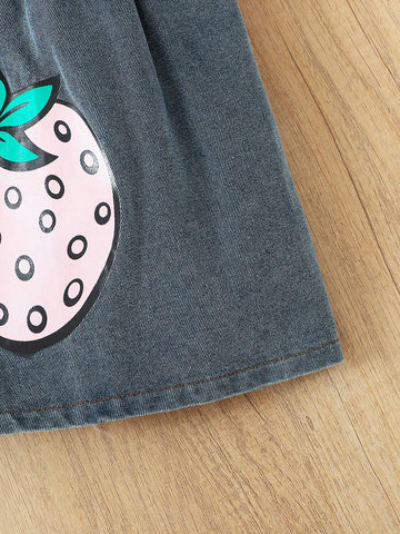 Young Girls' Strawberry Print Short Sleeve Top And Denim Skirt Two-Piece Summer Outfit Set