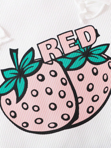 Young Girls' Strawberry Print Short Sleeve Top And Denim Skirt Two-Piece Summer Outfit Set