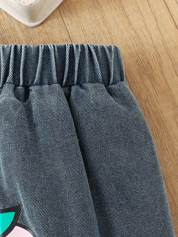 Young Girls' Strawberry Print Short Sleeve Top And Denim Skirt Two-Piece Summer Outfit Set