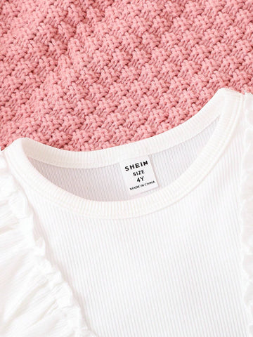 Young Girls' Strawberry Print Short Sleeve Top And Denim Skirt Two-Piece Summer Outfit Set