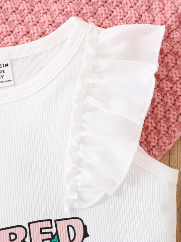 Young Girls' Strawberry Print Short Sleeve Top And Denim Skirt Two-Piece Summer Outfit Set