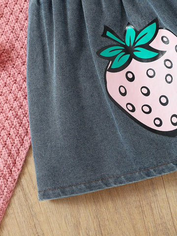 Young Girls' Strawberry Print Short Sleeve Top And Denim Skirt Two-Piece Summer Outfit Set