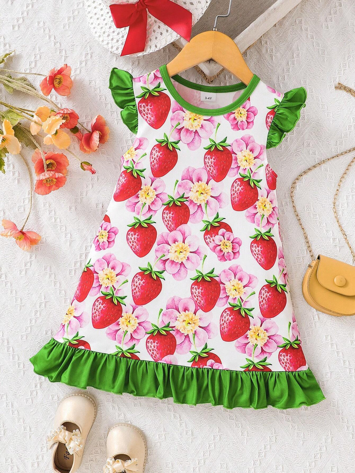 Young Girls" Strawberry Printed Ruffle Cap Sleeve Dress