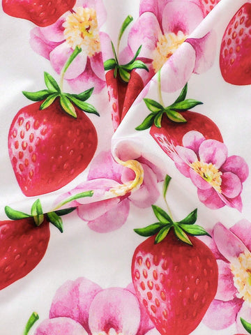 Young Girls" Strawberry Printed Ruffle Cap Sleeve Dress