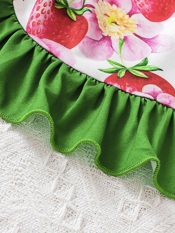 Young Girls" Strawberry Printed Ruffle Cap Sleeve Dress