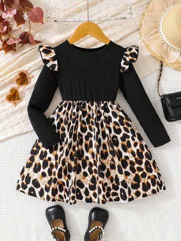 Young Girls Street Style Leopard Print Long Sleeve Ruffle Trim Knit Dress
