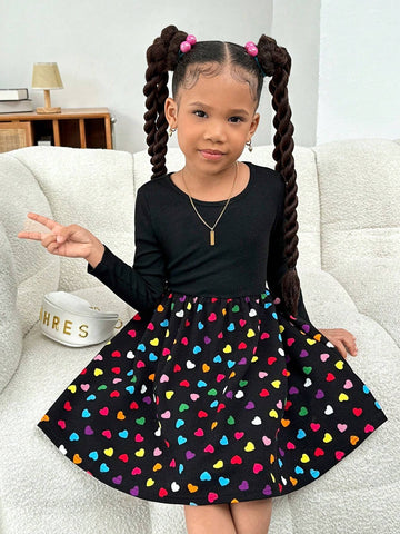 Young Girl's Street Style Patchwork Ditsy Floral Crew Neck Long Sleeve Knit Dress