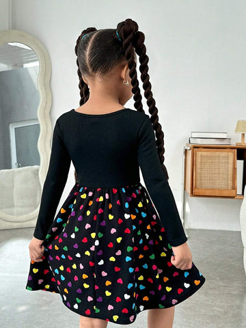 Young Girl's Street Style Patchwork Ditsy Floral Crew Neck Long Sleeve Knit Dress
