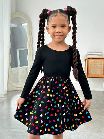 Young Girl's Street Style Patchwork Ditsy Floral Crew Neck Long Sleeve Knit Dress