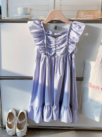 Young Girls' Striped Casual Midi Dress With Ruffled Hem And Bow Decoration