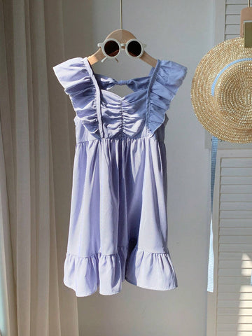 Young Girls' Striped Casual Midi Dress With Ruffled Hem And Bow Decoration