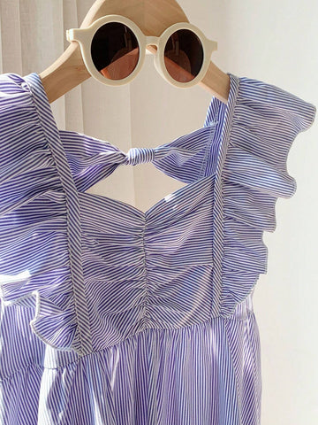 Young Girls' Striped Casual Midi Dress With Ruffled Hem And Bow Decoration