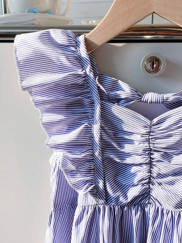 Young Girls' Striped Casual Midi Dress With Ruffled Hem And Bow Decoration