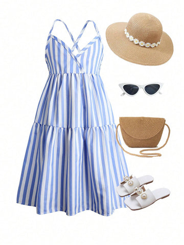 Young Girl's Striped Color Blocking Halterneck Dress For Summer