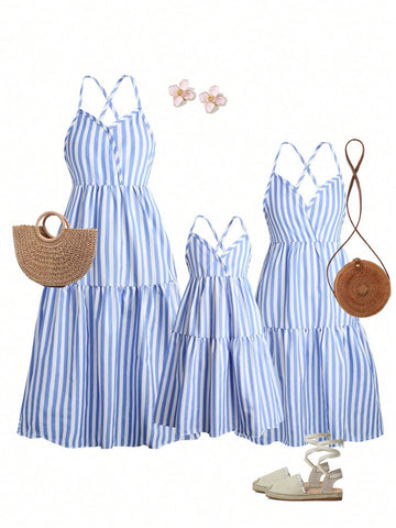 Young Girl's Striped Color Blocking Halterneck Dress For Summer