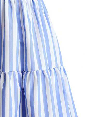 Young Girl's Striped Color Blocking Halterneck Dress For Summer
