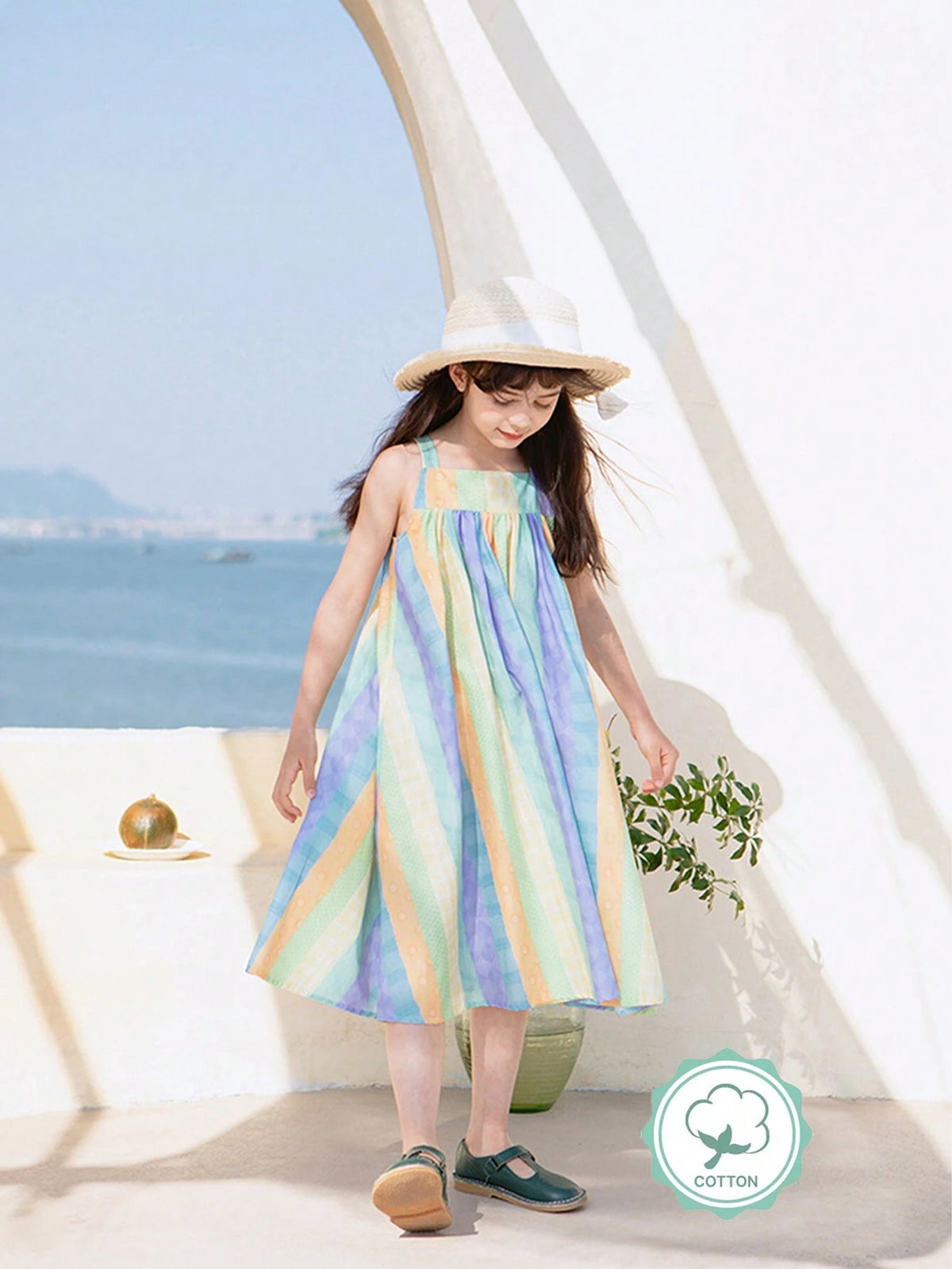 Young Girls' Striped Floral Sundress With Forest Style, Summer Holiday Dress