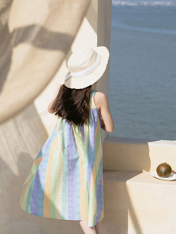 Young Girls' Striped Floral Sundress With Forest Style, Summer Holiday Dress