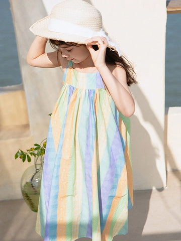 Young Girls' Striped Floral Sundress With Forest Style, Summer Holiday Dress