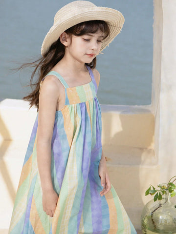 Young Girls' Striped Floral Sundress With Forest Style, Summer Holiday Dress