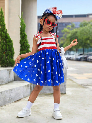 Young Girl's Striped Knit & Starry Mesh Splice One-Piece Casual Dress With Straps