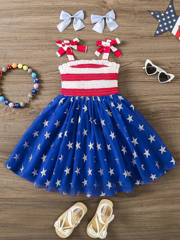 Young Girl's Striped Knit & Starry Mesh Splice One-Piece Casual Dress With Straps