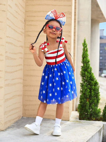 Young Girl's Striped Knit & Starry Mesh Splice One-Piece Casual Dress With Straps