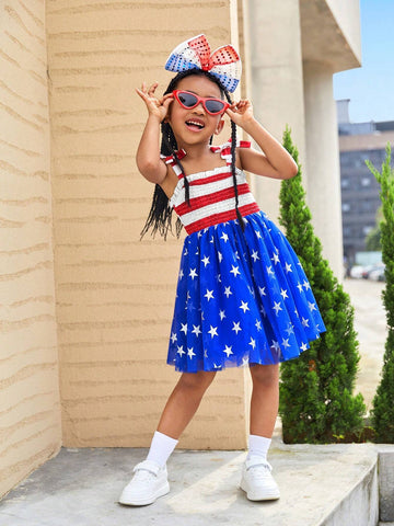 Young Girl's Striped Knit & Starry Mesh Splice One-Piece Casual Dress With Straps