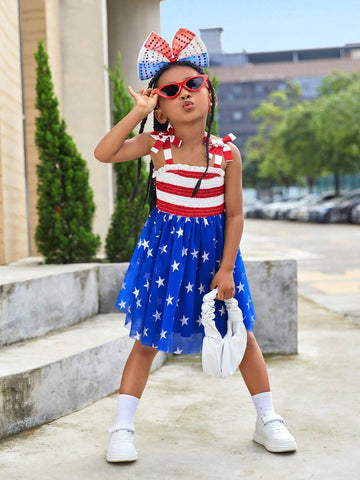 Young Girl's Striped Knit & Starry Mesh Splice One-Piece Casual Dress With Straps