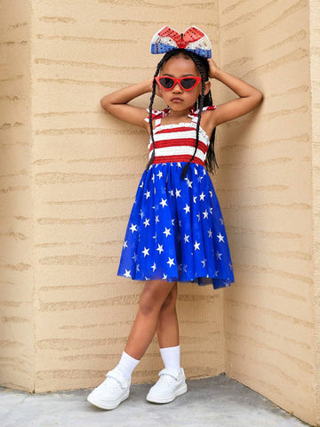 Young Girl's Striped Knit & Starry Mesh Splice One-Piece Casual Dress With Straps