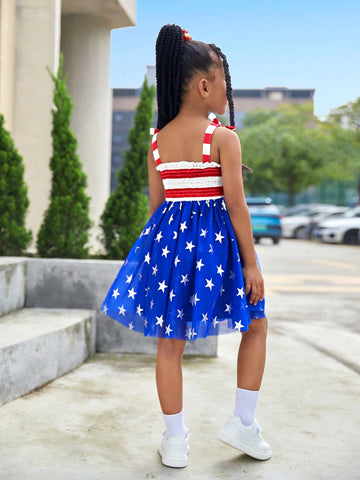 Young Girl's Striped Knit & Starry Mesh Splice One-Piece Casual Dress With Straps