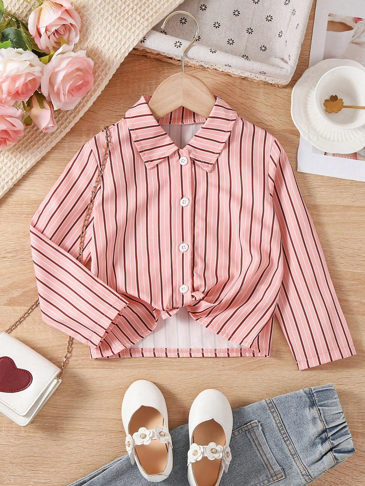 Young Girls Striped Print Button Front Shirt